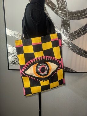 Graphic Checkerboard Eye Tote Bag - Yellow, Black & Pink
